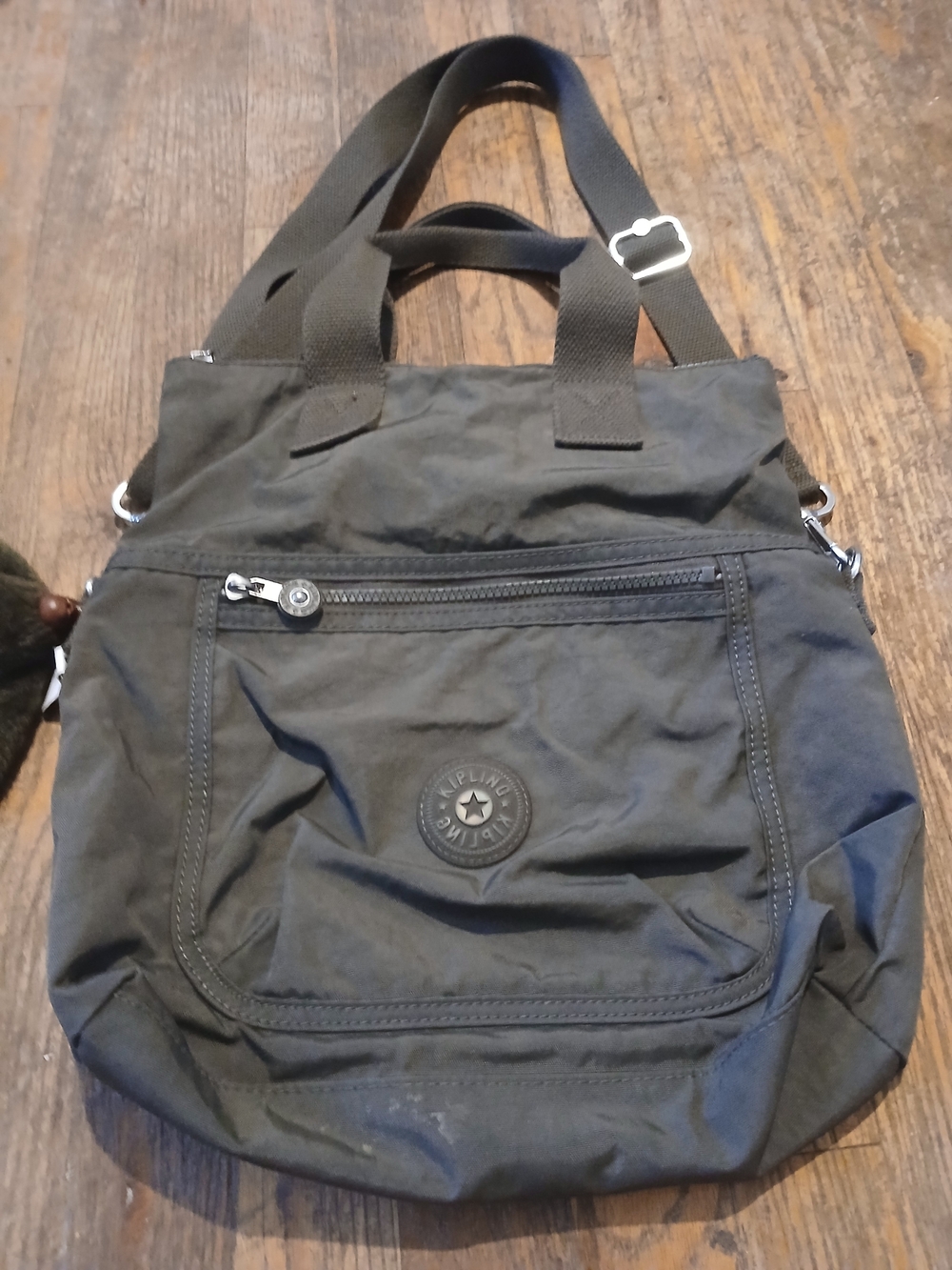 Kipling Green Black Tote Bag with Front Zip Pocket